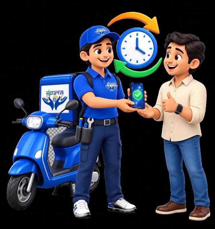 Sampurnakart rider handing a repaired phone back to a customer